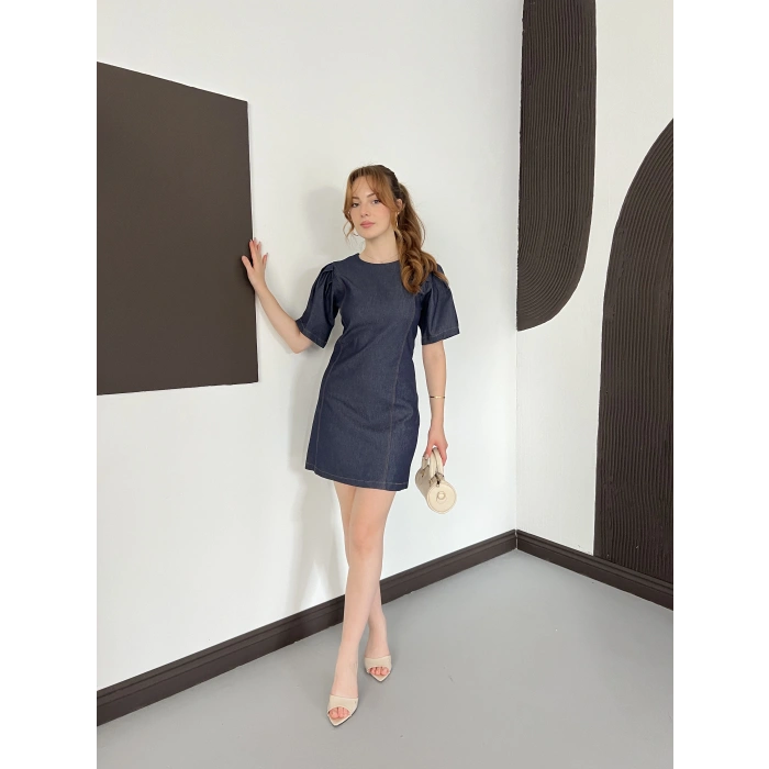 Karpuz Kol Mini Denim Elbise Lacivert