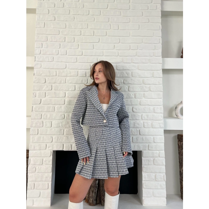 Kaz Ayağı Desen Pliseli Etek Crop Ceket Takım Lacivert