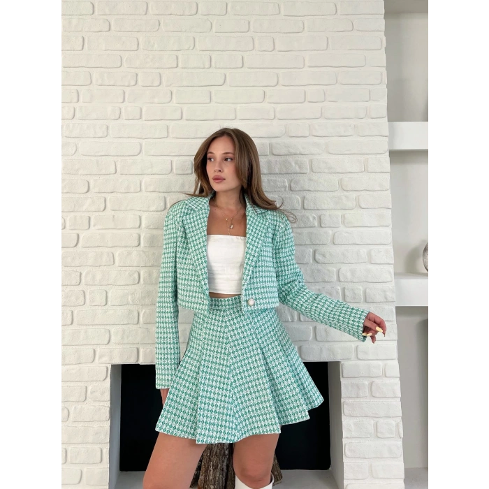 Kaz Ayağı Desen Pliseli Etek Crop Ceket Takım Mint