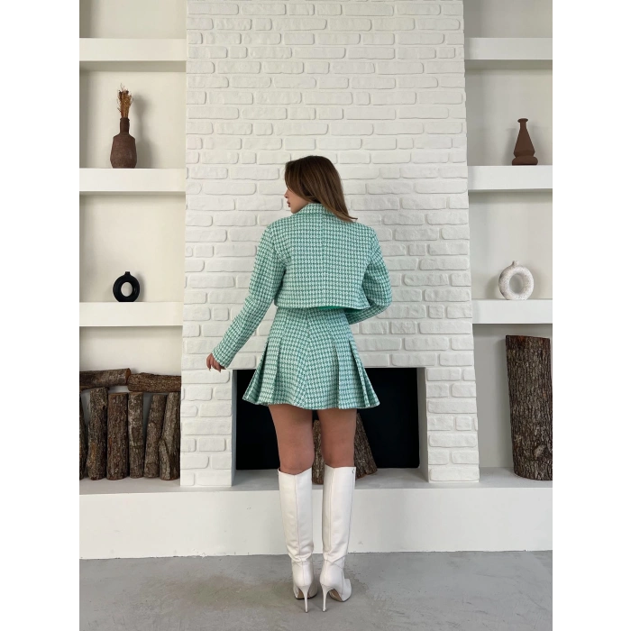 Kaz Ayağı Desen Pliseli Etek Crop Ceket Takım Mint
