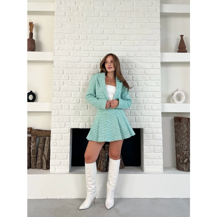 Kaz Ayağı Desen Pliseli Etek Crop Ceket Takım Mint