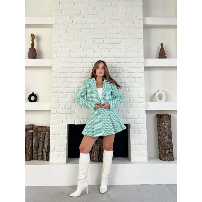 Kaz Ayağı Desen Pliseli Etek Crop Ceket Takım Mint