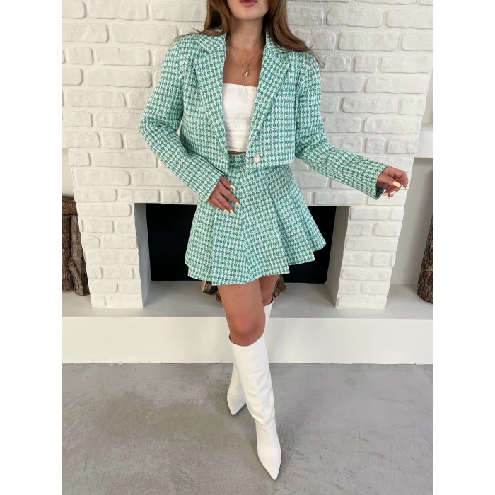 Kaz Ayağı Desen Pliseli Etek Crop Ceket Takım Mint