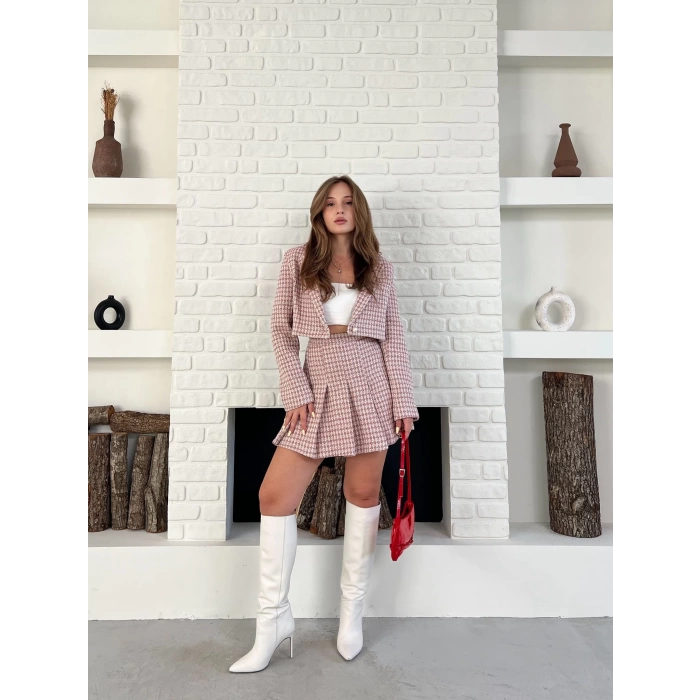 Kaz Ayağı Desen Pliseli Etek Crop Ceket Takım Pembe