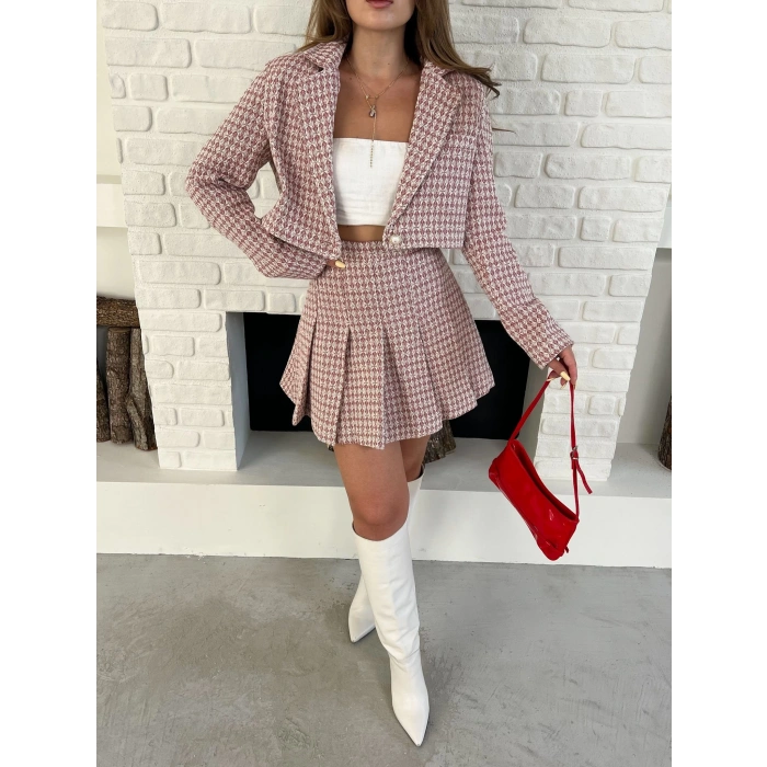 Kaz Ayağı Desen Pliseli Etek Crop Ceket Takım Pembe