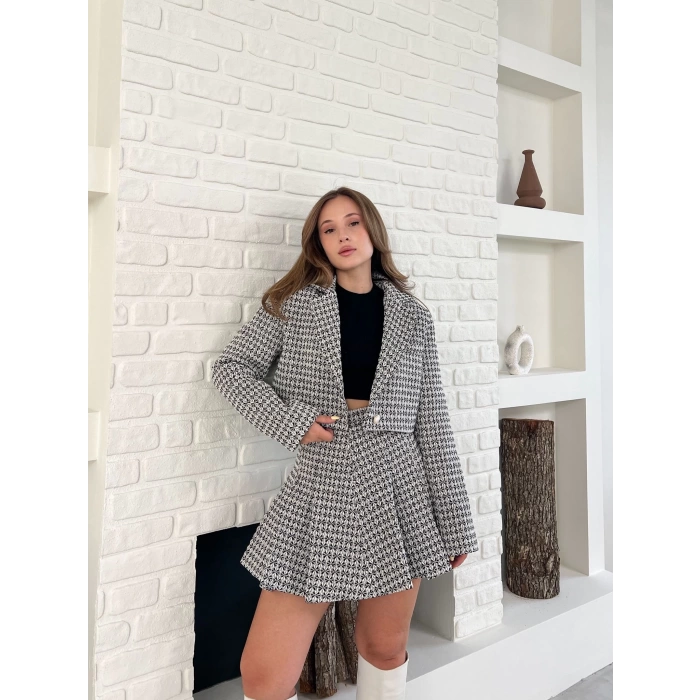 Kaz Ayağı Desen Pliseli Etek Crop Ceket Takım Siyah