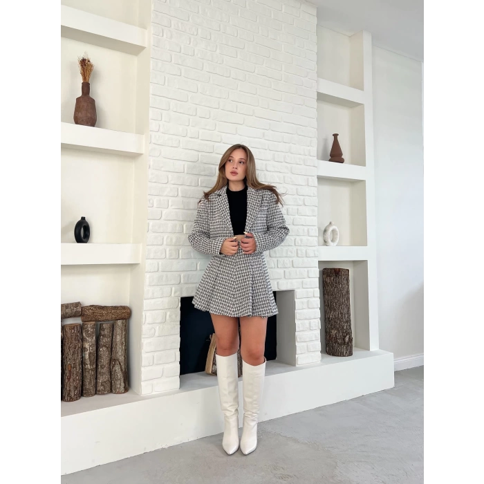 Kaz Ayağı Desen Pliseli Etek Crop Ceket Takım Siyah