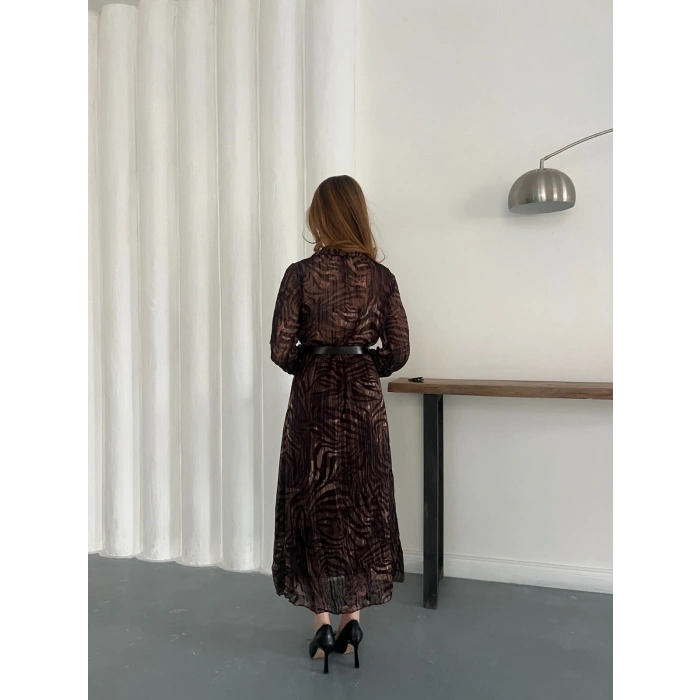 Kemer Detaylı Astarlı Şifon Elbise Acı Kahve