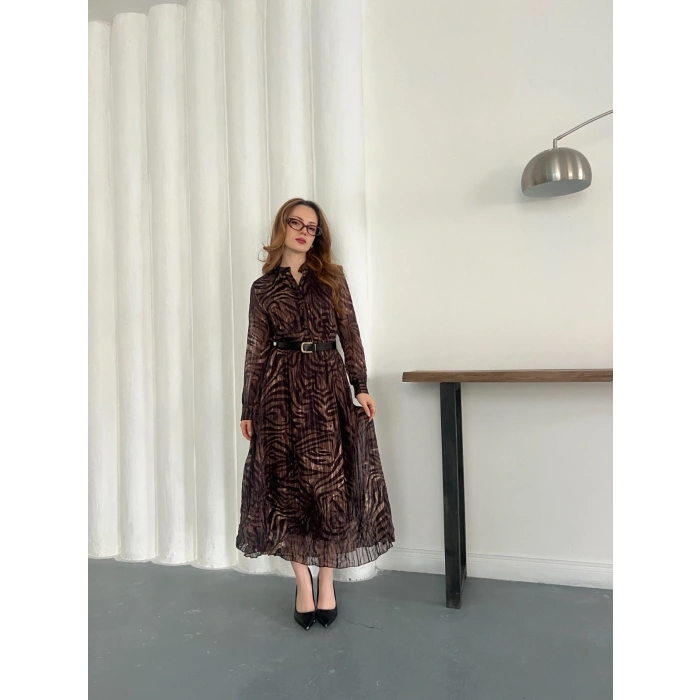 Kemer Detaylı Astarlı Şifon Elbise Acı Kahve