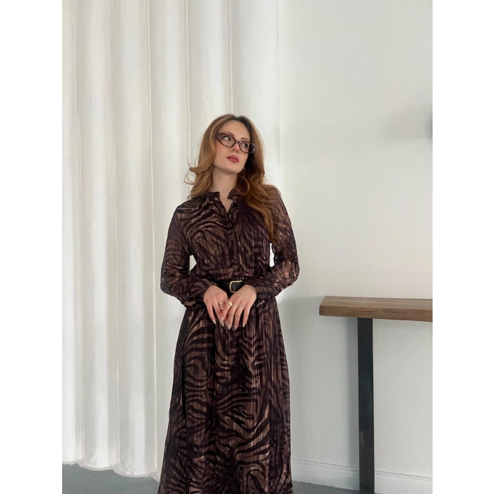 Kemer Detaylı Astarlı Şifon Elbise Acı Kahve