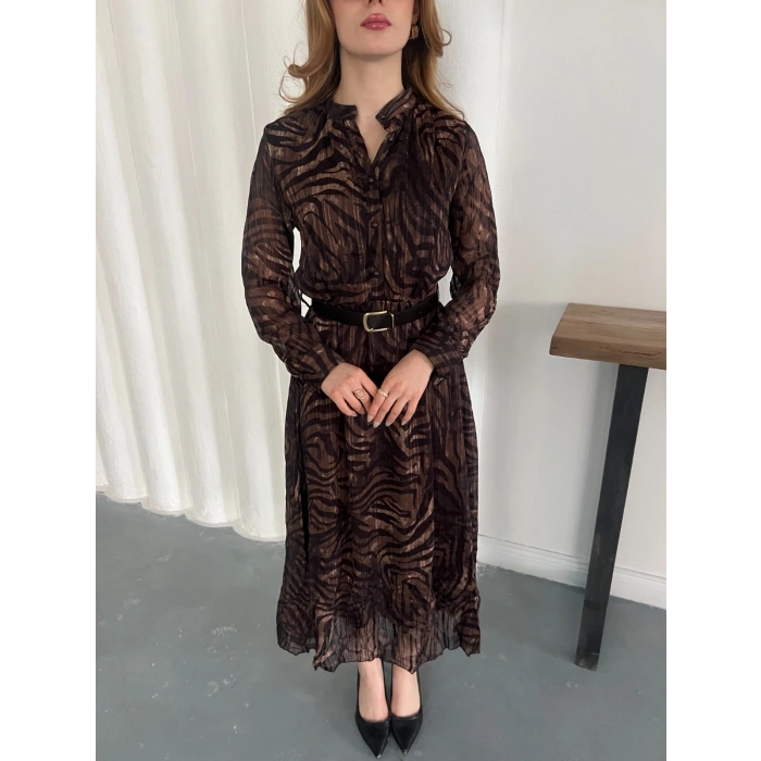 Kemer Detaylı Astarlı Şifon Elbise Acı Kahve