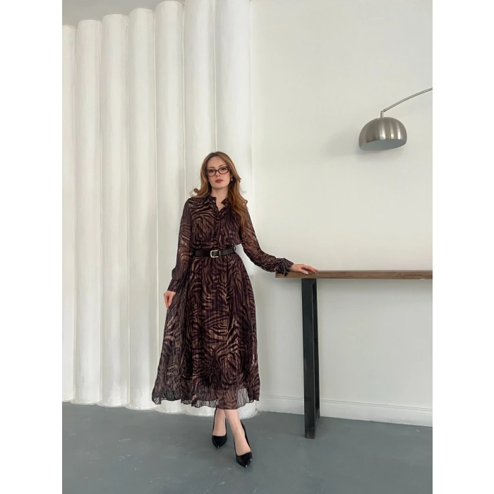 Kemer Detaylı Astarlı Şifon Elbise Acı Kahve