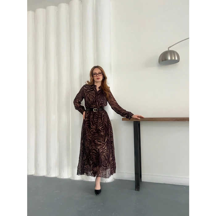 Kemer Detaylı Astarlı Şifon Elbise Acı Kahve