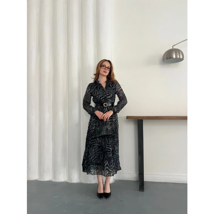 Kemer Detaylı Astarlı Şifon Elbise Antrasit