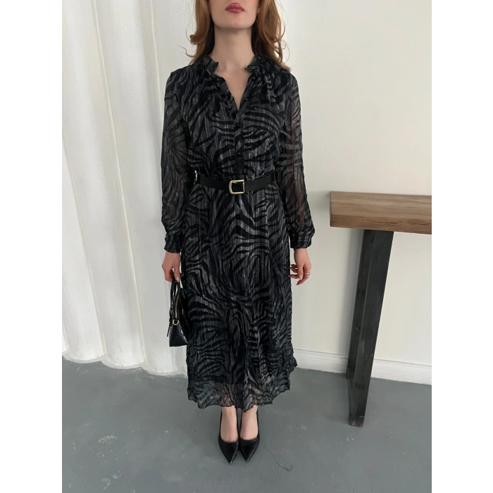 Kemer Detaylı Astarlı Şifon Elbise Antrasit