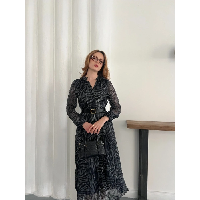 Kemer Detaylı Astarlı Şifon Elbise Antrasit