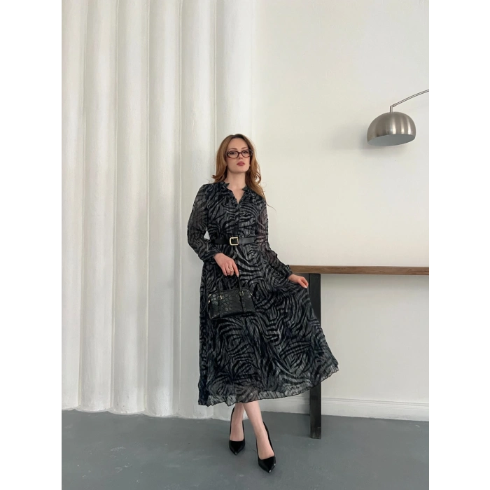 Kemer Detaylı Astarlı Şifon Elbise Antrasit