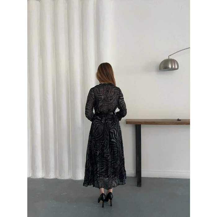 Kemer Detaylı Astarlı Şifon Elbise Antrasit