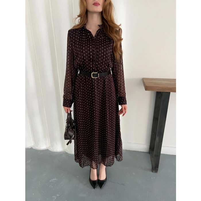 Kemer Detaylı Astarlı Şifon Elbise Bordo