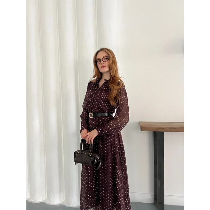 Kemer Detaylı Astarlı Şifon Elbise Bordo