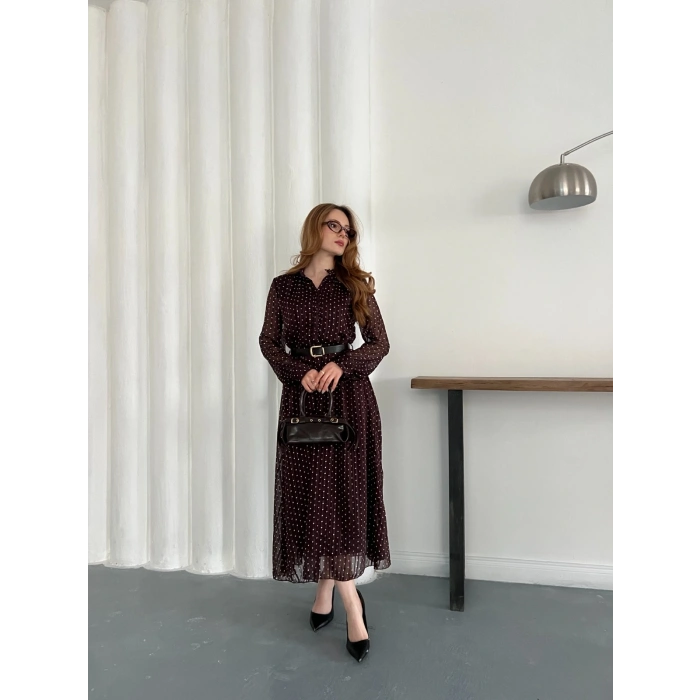 Kemer Detaylı Astarlı Şifon Elbise Bordo