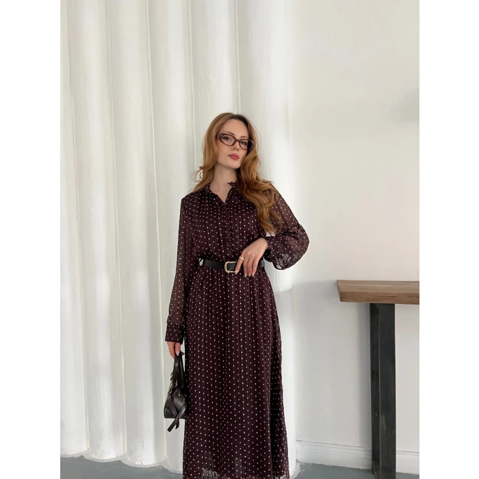 Kemer Detaylı Astarlı Şifon Elbise Bordo