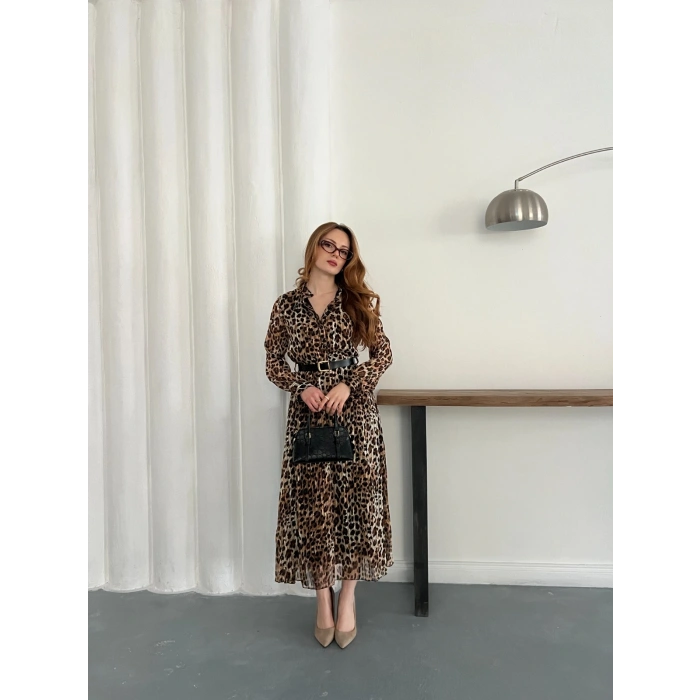 Kemer Detaylı Astarlı Şifon Elbise Leopar