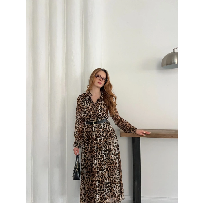 Kemer Detaylı Astarlı Şifon Elbise Leopar