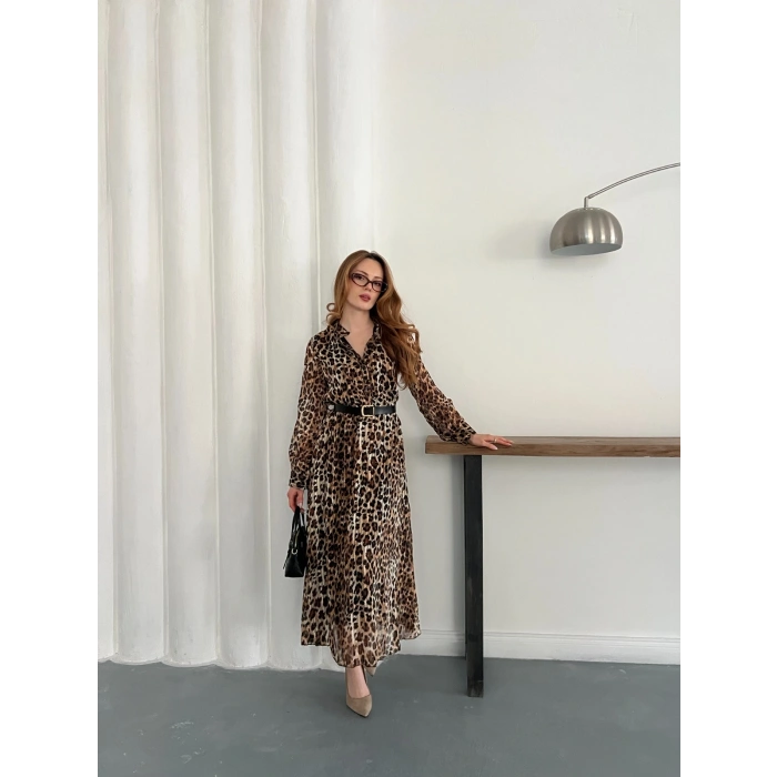 Kemer Detaylı Astarlı Şifon Elbise Leopar
