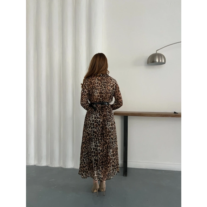 Kemer Detaylı Astarlı Şifon Elbise Leopar