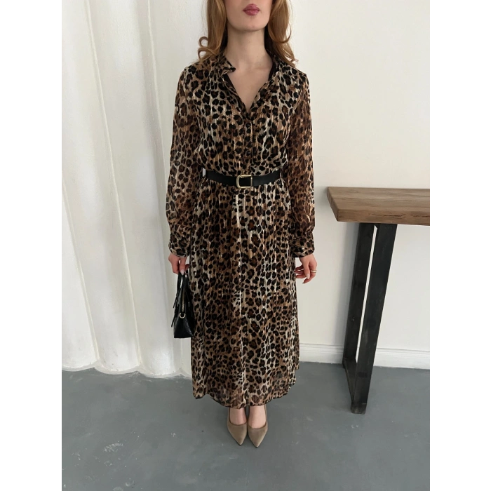 Kemer Detaylı Astarlı Şifon Elbise Leopar