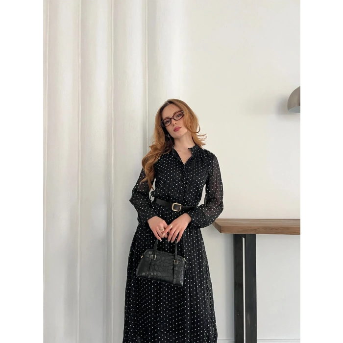 Kemer Detaylı Astarlı Şifon Elbise Siyah