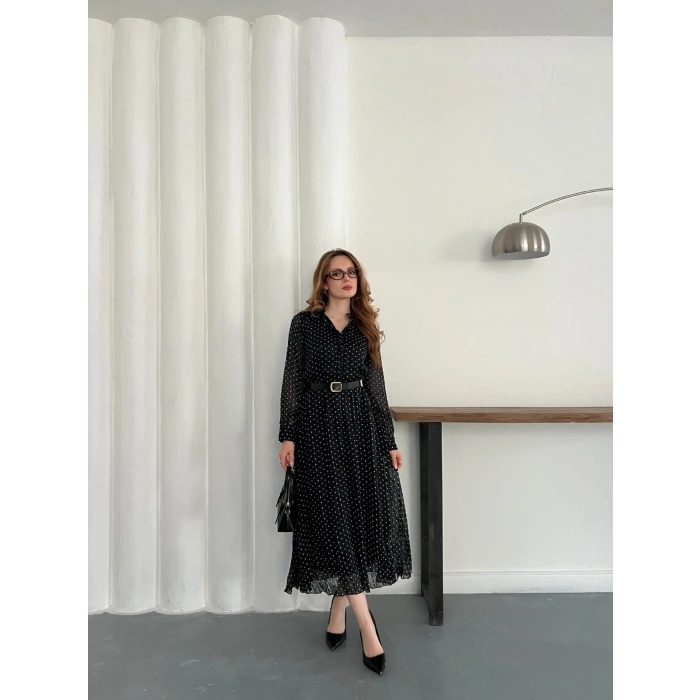 Kemer Detaylı Astarlı Şifon Elbise Siyah