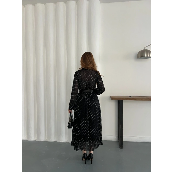 Kemer Detaylı Astarlı Şifon Elbise Siyah