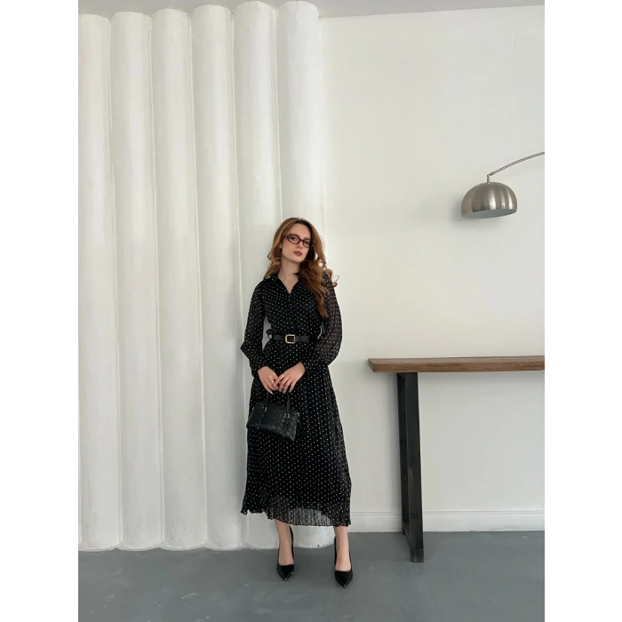 Kemer Detaylı Astarlı Şifon Elbise Siyah