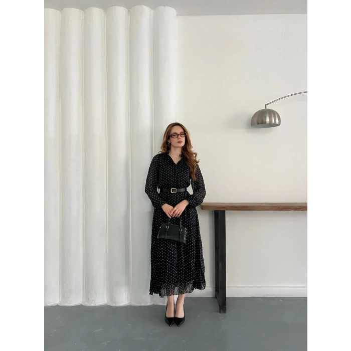 Kemer Detaylı Astarlı Şifon Elbise Siyah