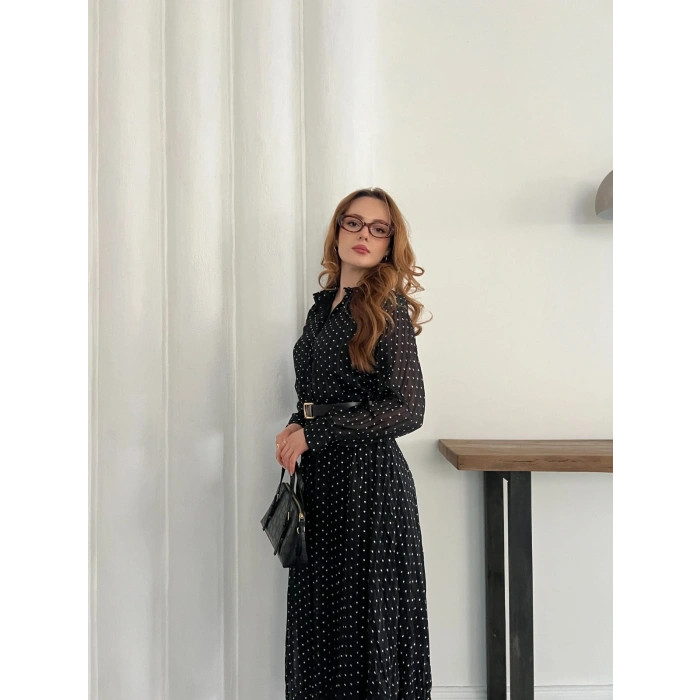 Kemer Detaylı Astarlı Şifon Elbise Siyah