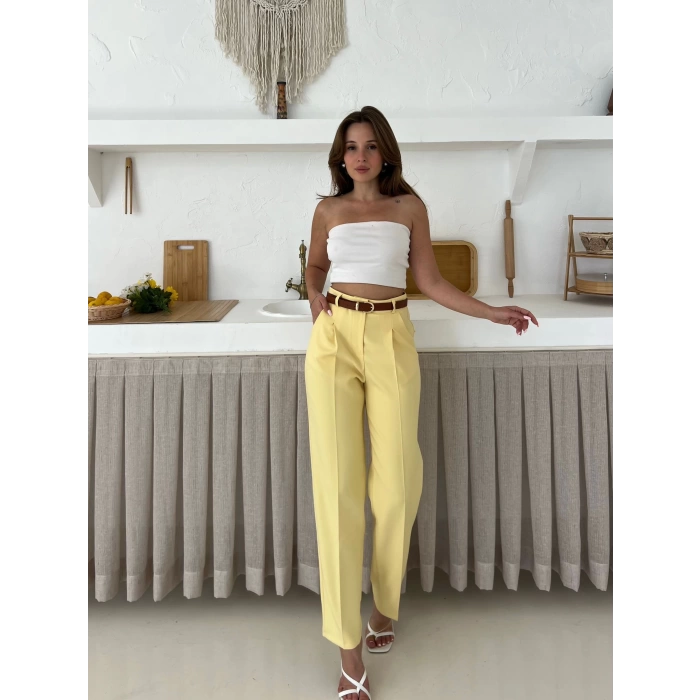 Kemer Detaylı Double Kumaş Pantolon Sarı