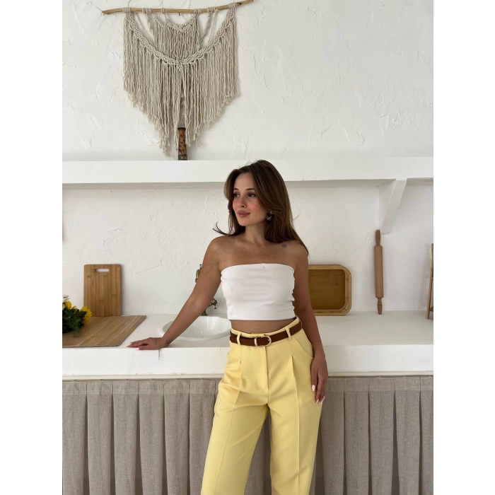 Kemer Detaylı Double Kumaş Pantolon Sarı