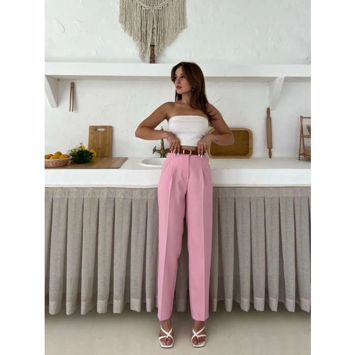 Kemer Detaylı Double Kumaş Pantolon Pembe