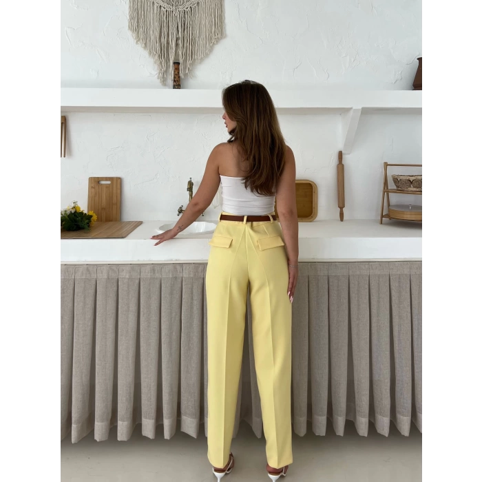 Kemer Detaylı Double Kumaş Pantolon Sarı