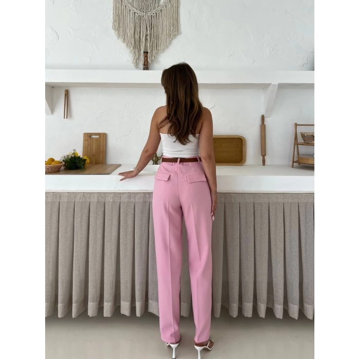 Kemer Detaylı Double Kumaş Pantolon Pembe