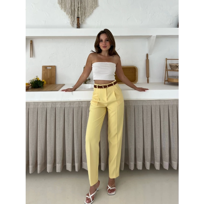 Kemer Detaylı Double Kumaş Pantolon Sarı