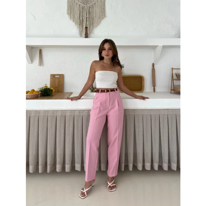 Kemer Detaylı Double Kumaş Pantolon Pembe