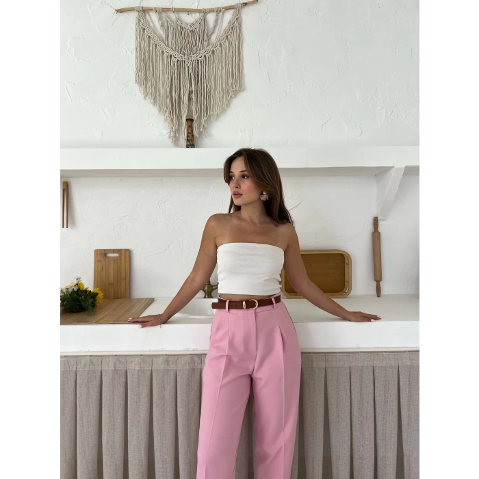Kemer Detaylı Double Kumaş Pantolon Pembe