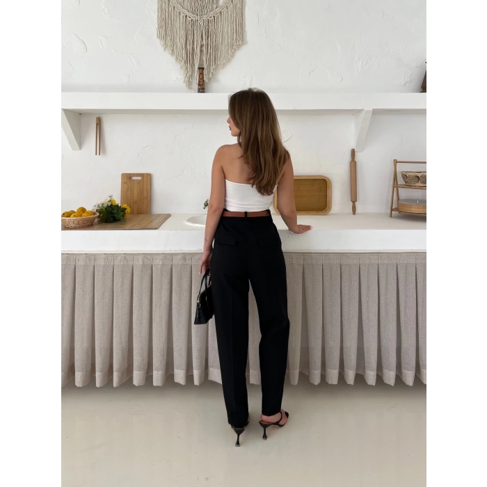 Kemer Detaylı Double Kumaş Pantolon Siyah