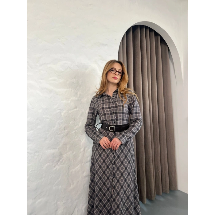 Kemer Detaylı Ekose Gömlek Elbise Füme