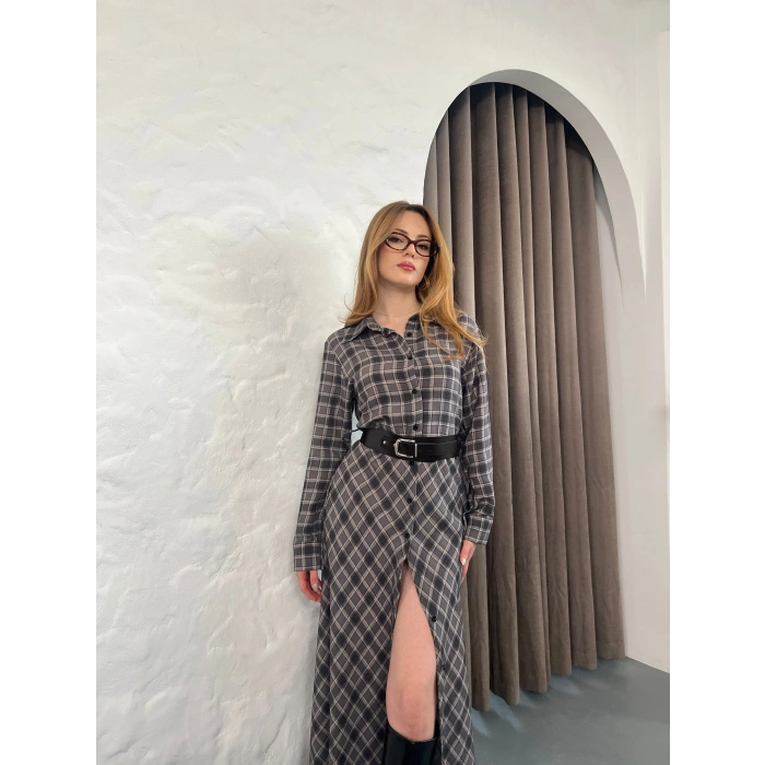 Kemer Detaylı Ekose Gömlek Elbise Füme