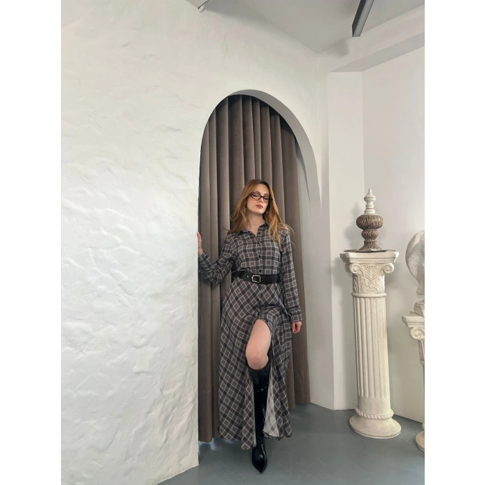 Kemer Detaylı Ekose Gömlek Elbise Füme