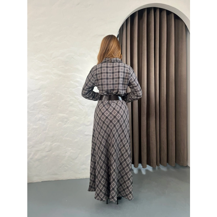 Kemer Detaylı Ekose Gömlek Elbise Füme